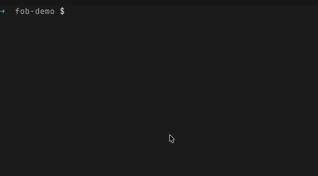 A git push gated by fob: the Touch ID prompt reads “fob is trying to connect to github.com”, one touch authenticates and the push completes.